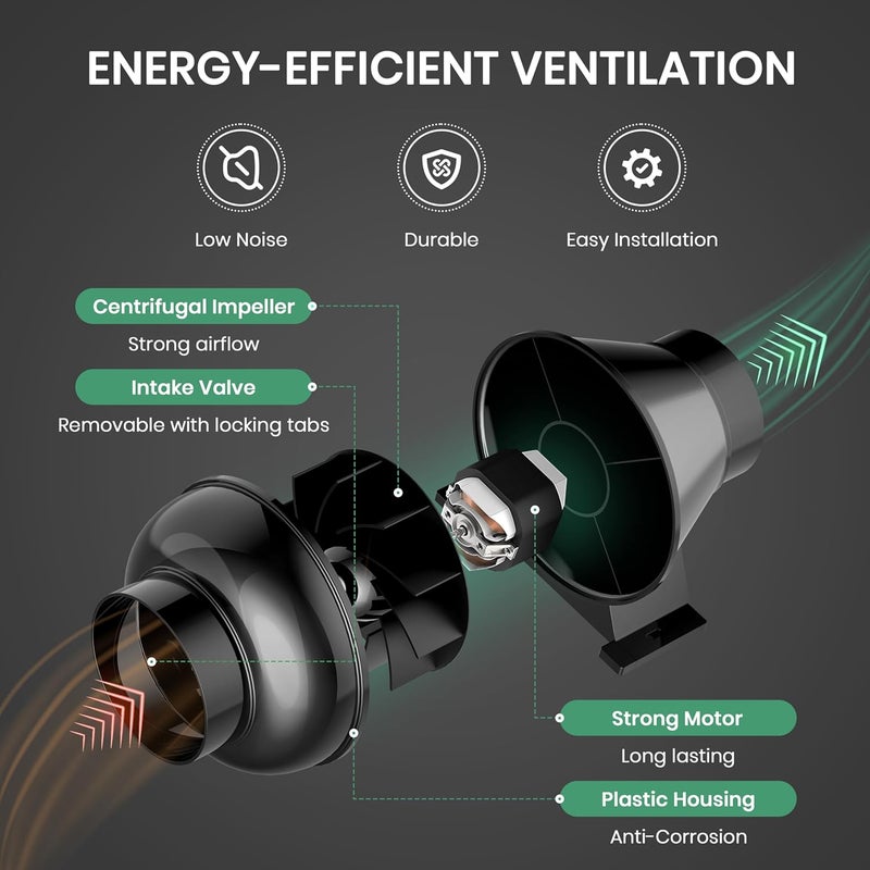 HealSmart 4 Inch Inline Duct Fan, 195 CFM Ventilation Fan, Exhaust HVAC Vent Blower for Hydroponics, Grow Tents, Basements, Attics, 1 Pack, Black - Image 5